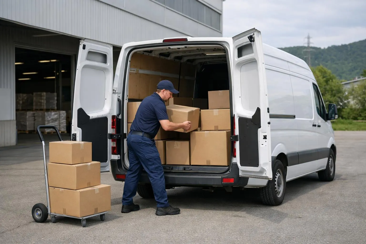 Chauffeur professionnel en uniforme chargeant rapidement des colis dans un camion de livraison blanc moderne stationné devant un entrepôt industriel, ambiance d'urgence et d'efficacité, lumière naturelle du jour, scène réaliste de logistique express en Suisse