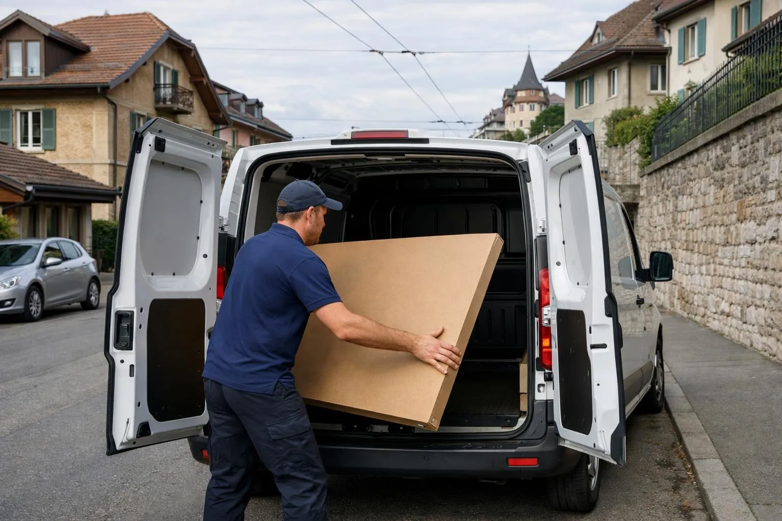 Professional delivery worker carefully transporting a large flat-packed IKEA furniture box into a modern delivery van parked on a typical Lausanne residential street with traditional Swiss buildings visible in the background, realistic photography style, no text or logos