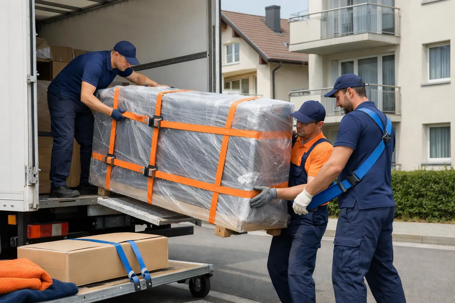 Professional delivery team carefully unloading large wrapped furniture items from white truck in front of Swiss residential building, focus on secure strapping and handling techniques, realistic daytime lighting