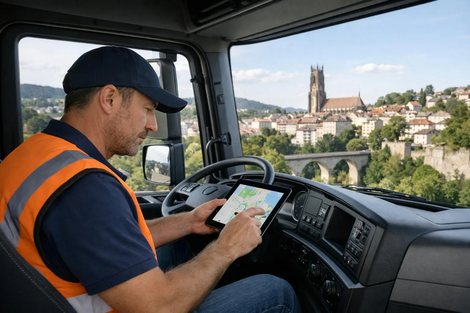Professional logistics specialist reviewing transport route on tablet in modern truck cabin with Fribourg landscape visible through window
