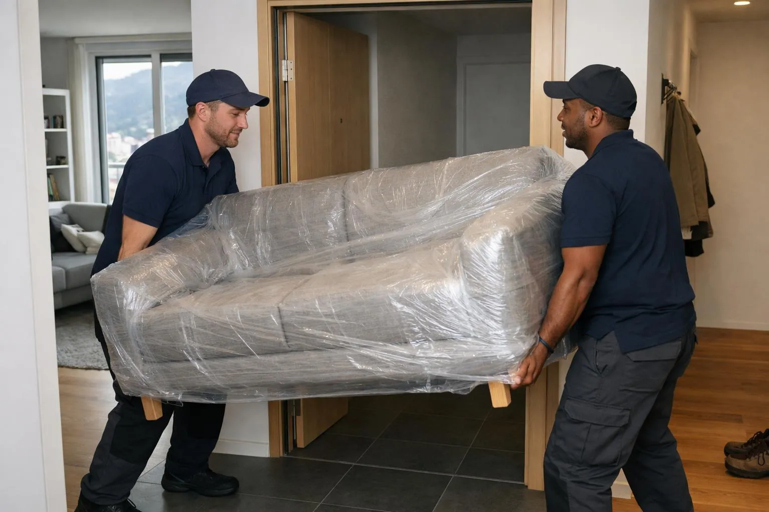 Professional delivery personnel carefully maneuvering a wrapped new sofa through a modern Swiss apartment doorway, showcasing the critical importance of skilled furniture transport for online purchases, with attention to protection and handling expertise