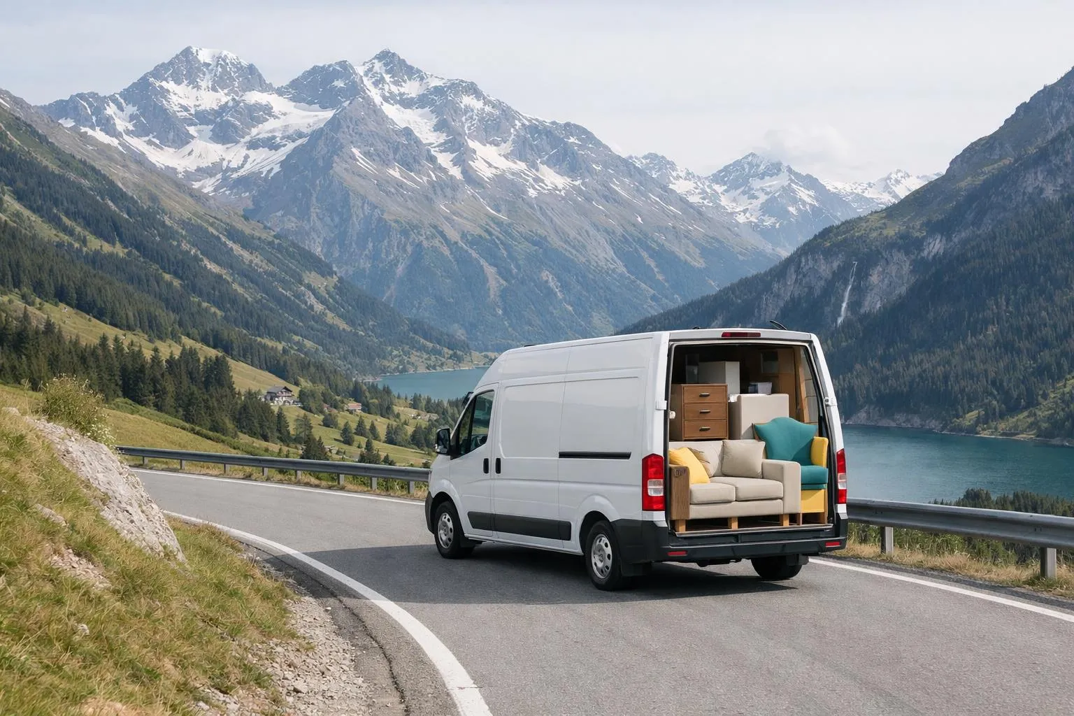 Professional delivery truck loaded with furniture navigating Swiss mountain road between cantons, realistic logistics operation showing distance challenge with alpine backdrop and modern moving van