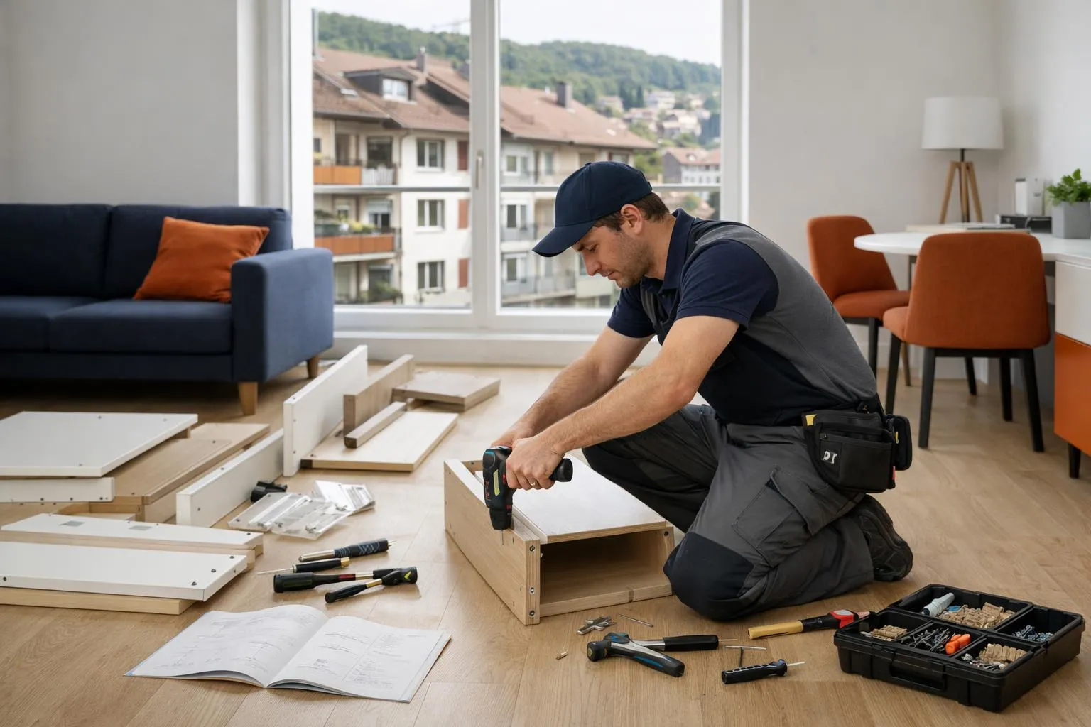 Professional furniture assembler in mid-30s wearing casual work clothes assembling a tall wardrobe in a bright modern Fribourg apartment living room, with tools spread on floor, instruction manual visible, unassembled parts nearby, natural daylight from large window showing Swiss residential buildings outside