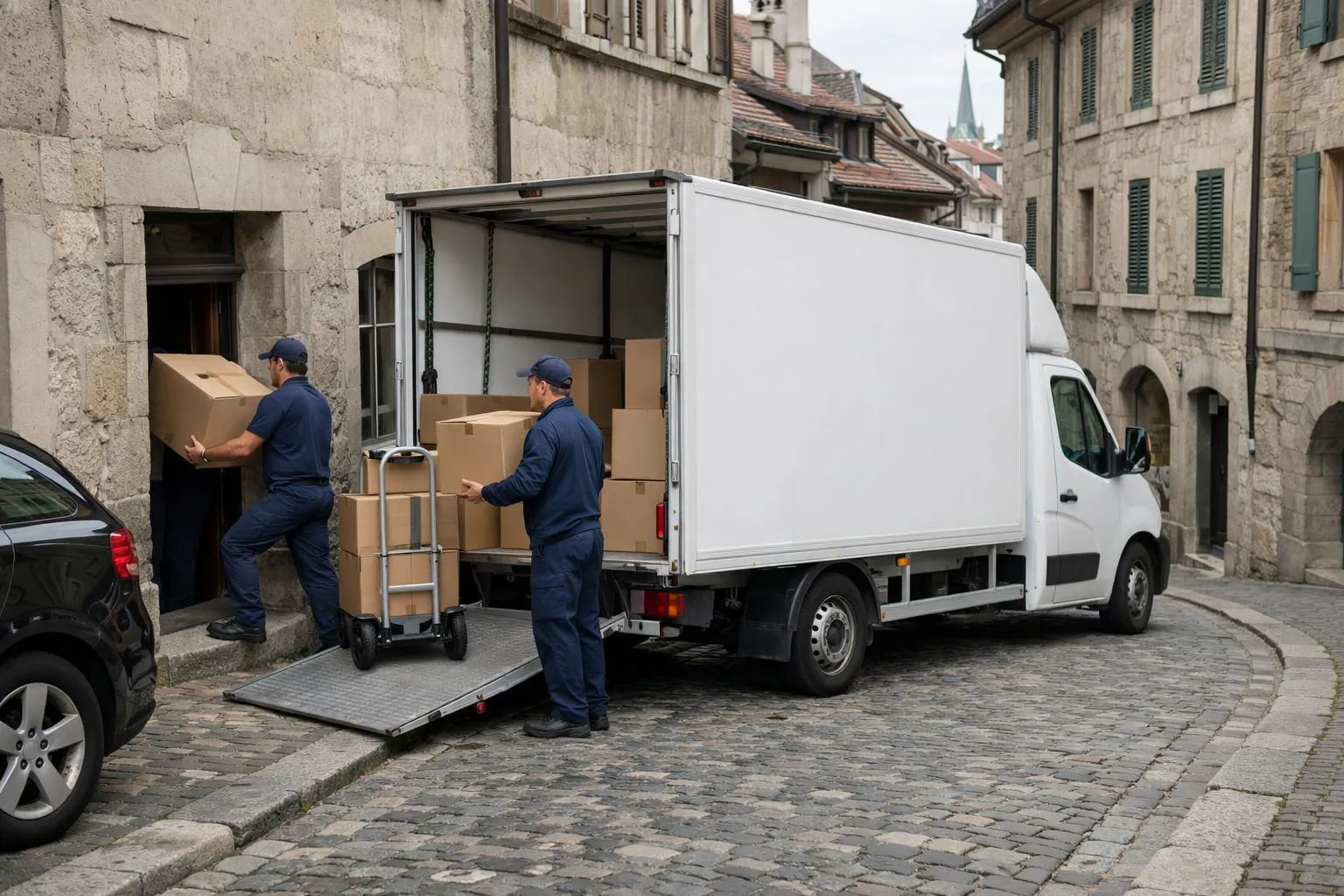 Deux livreurs déchargeant des colis d'un camion de livraison dans une rue pavée.