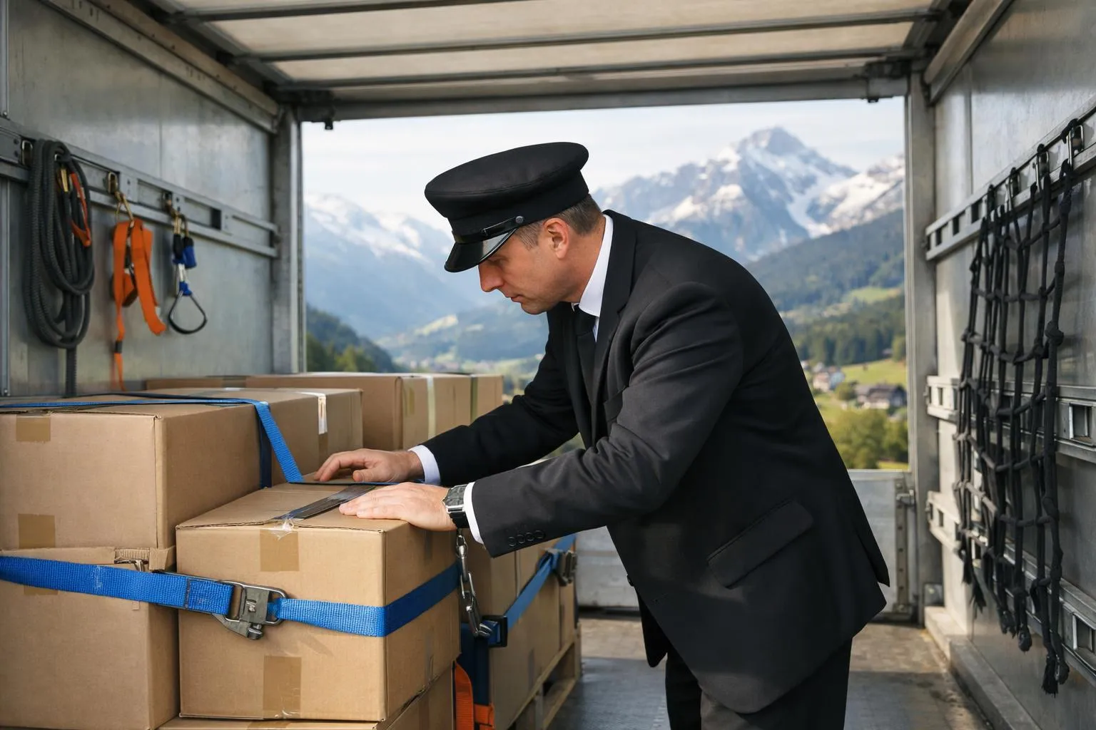 Homme en uniforme chargeant des boîtes dans un camion de livraison.