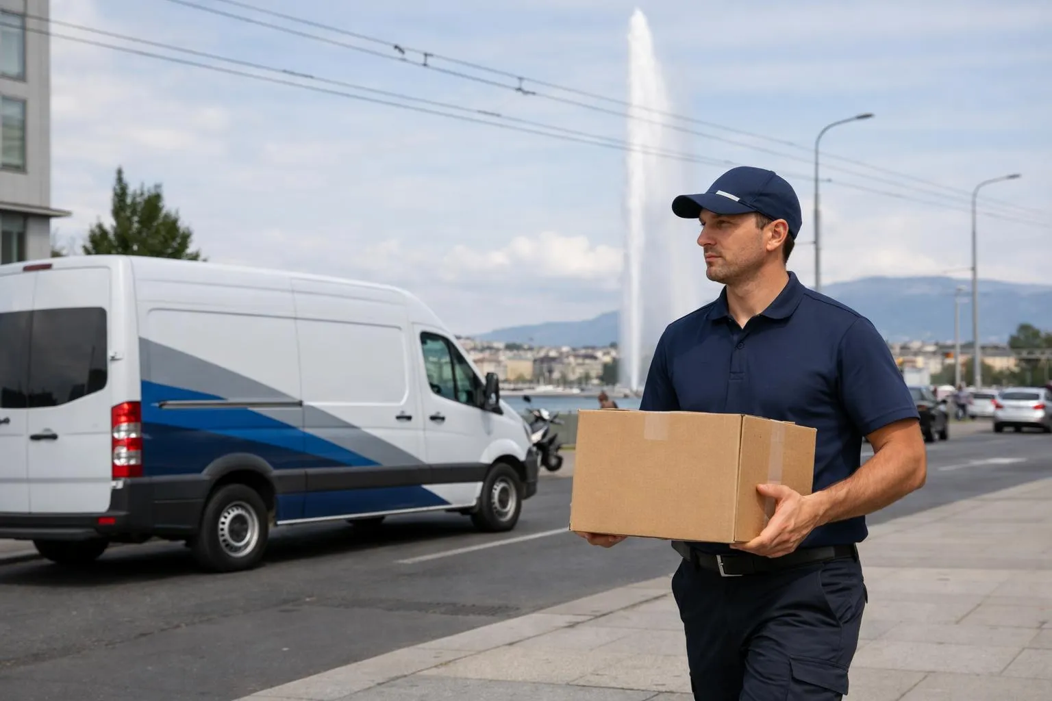 Livreur en uniforme bleu tenant une boîte en carton.