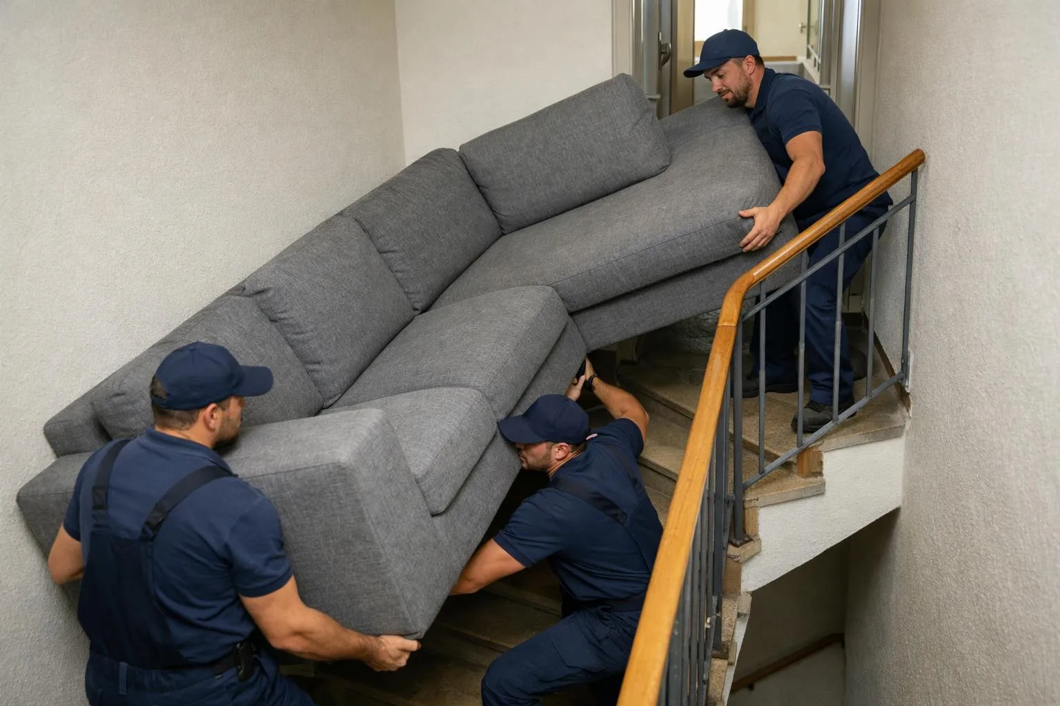 Trois hommes en uniforme bleu transportant un canapé gris dans un escalier.