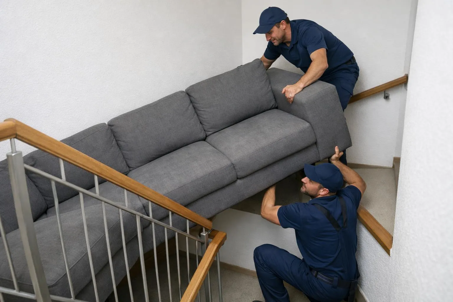 Deux hommes en uniforme bleu déplaçant un canapé gris dans un couloir.