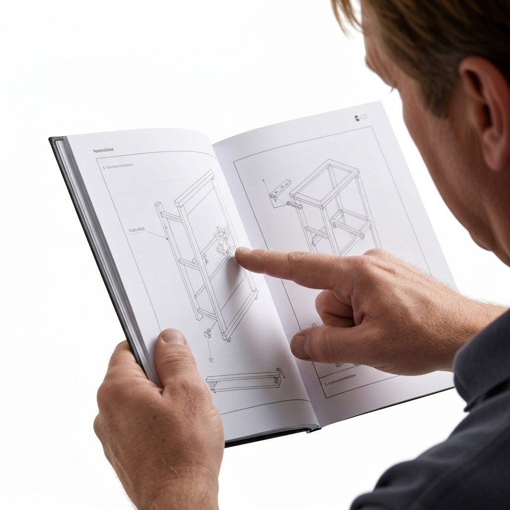 Un gros plan d'une personne tenant un manuel d'assemblage de meuble et pointant vers un diagramme spécifique.
