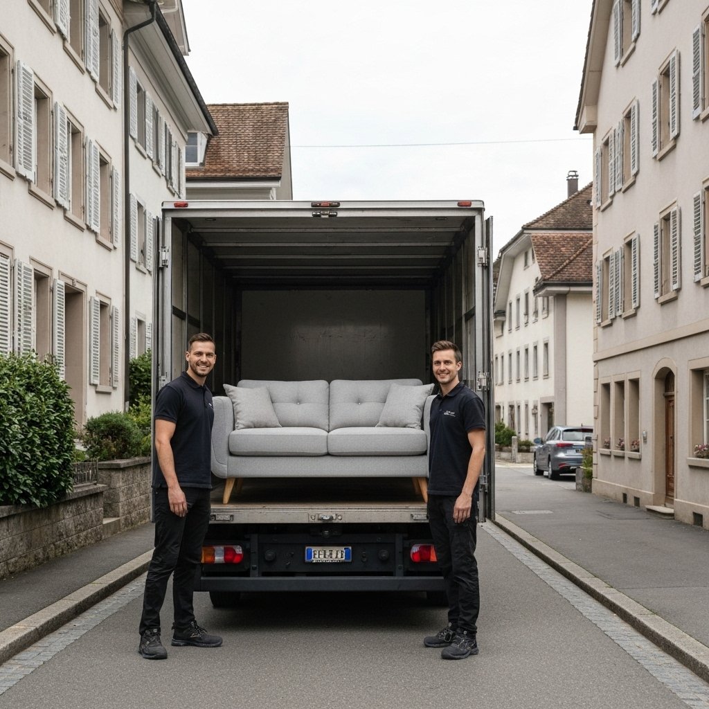 Une équipe de livraison professionnelle déchargeant avec soin un canapé haut de gamme d'un camion de marque dans une rue résidentielle suisse.