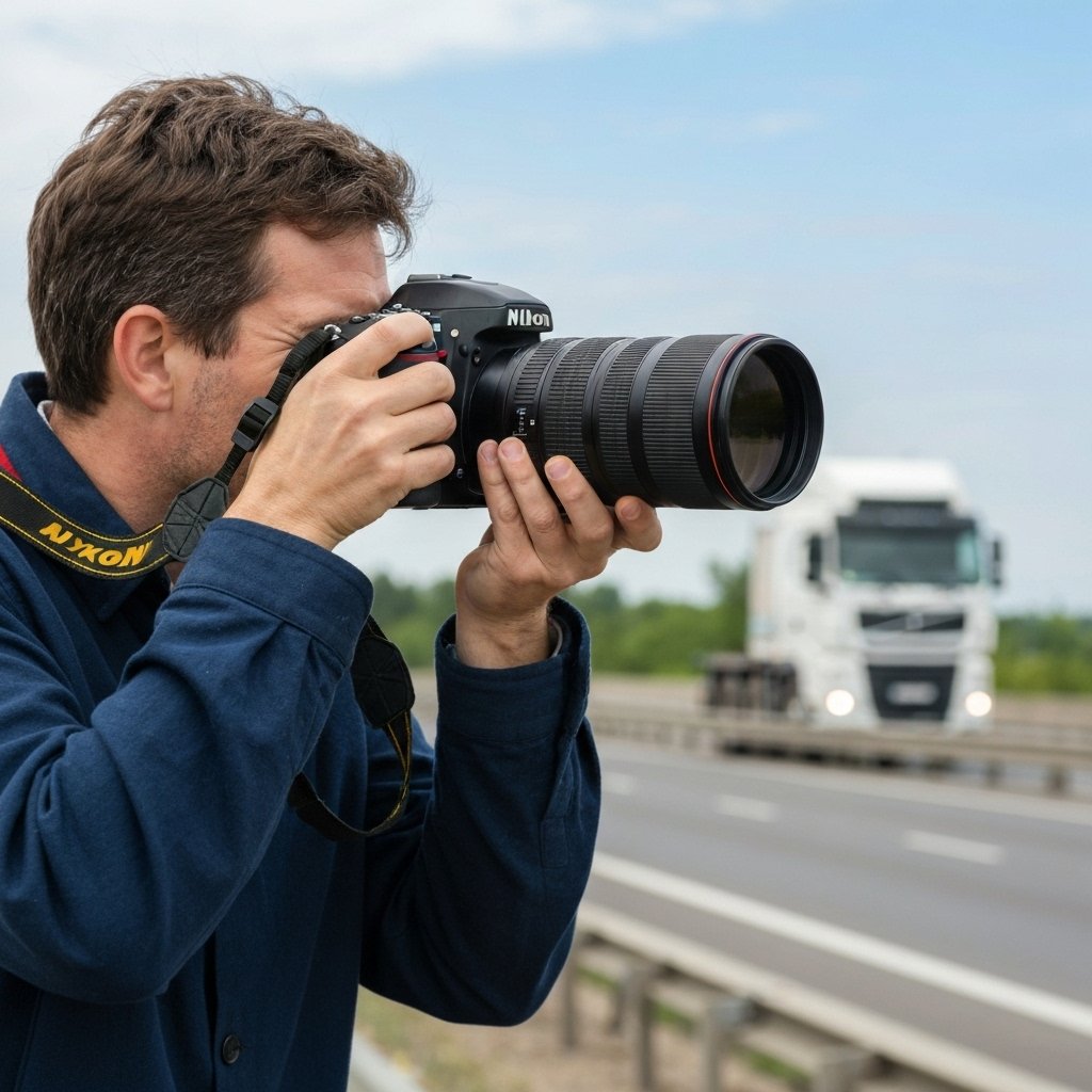 Un chauffeur routier professionnel vérifie des documents près d'un camion de marque dans un paysage suisse avec des montagnes à l'arrière-plan.