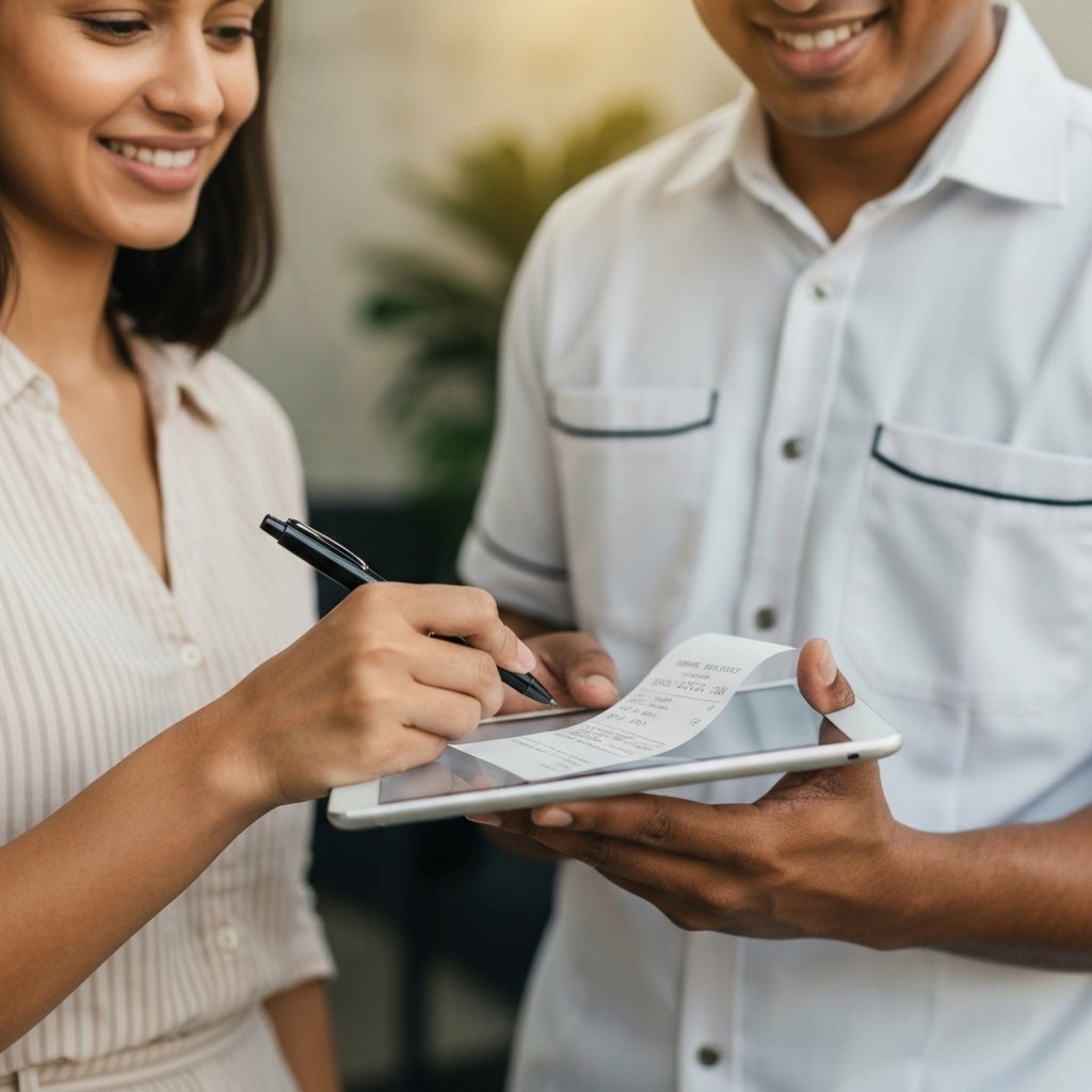 Un client signe un reçu de livraison numérique sur une tablette tenue par un livreur en uniforme, interactions souriantes.