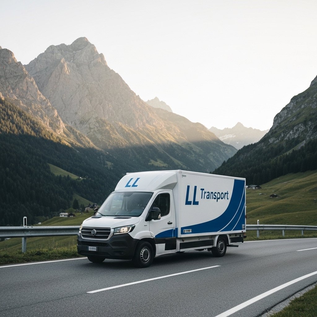 Un van de livraison de la marque LL Transport roulant sur une route suisse pittoresque près de Rossens avec des montagnes en arrière-plan, symbolisant des solutions de transport rapides.