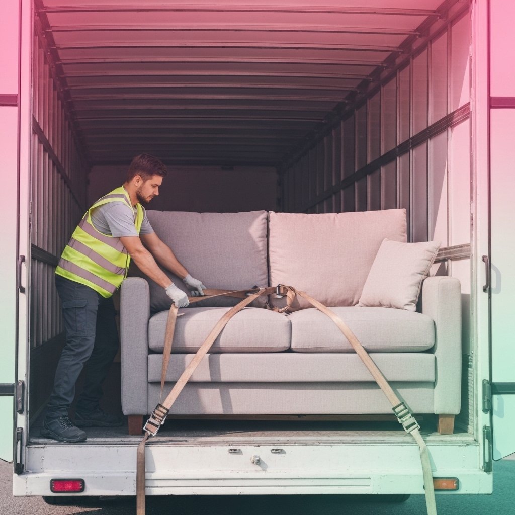 Livreur professionnel sécurisant un grand canapé avec des sangles dans un camion de transport moderne et propre, portant un gilet de sécurité, éclairage naturel montrant une technique de manutention soignée.
