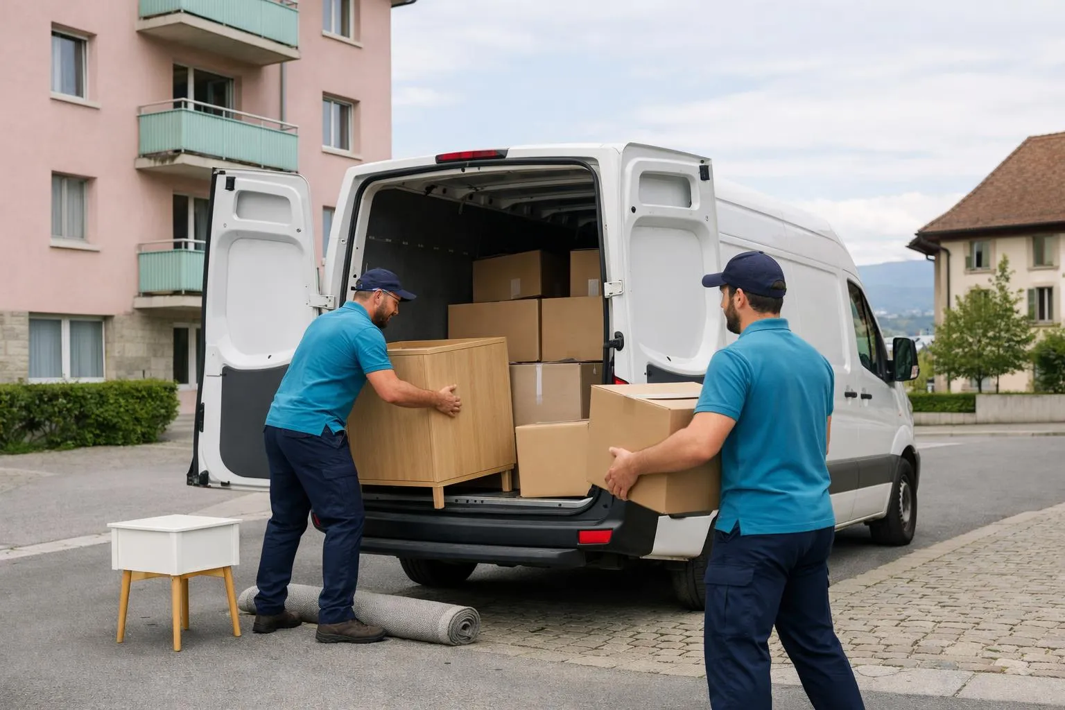 Professional delivery team loading cardboard boxes and furniture into modern white transport van parked in front of residential building in Yverdon-les-Bains, workers wearing branded uniforms handling goods with care, natural daylight, realistic photo style