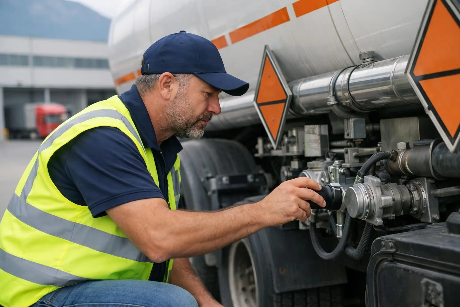 Professional truck driver in high-visibility orange vest conducting thorough pre-trip safety inspection of specialized hazardous materials transport vehicle with ADR certification plates, checking emergency equipment and documentation on clipboard in Swiss industrial logistics facility yard under clear daylight