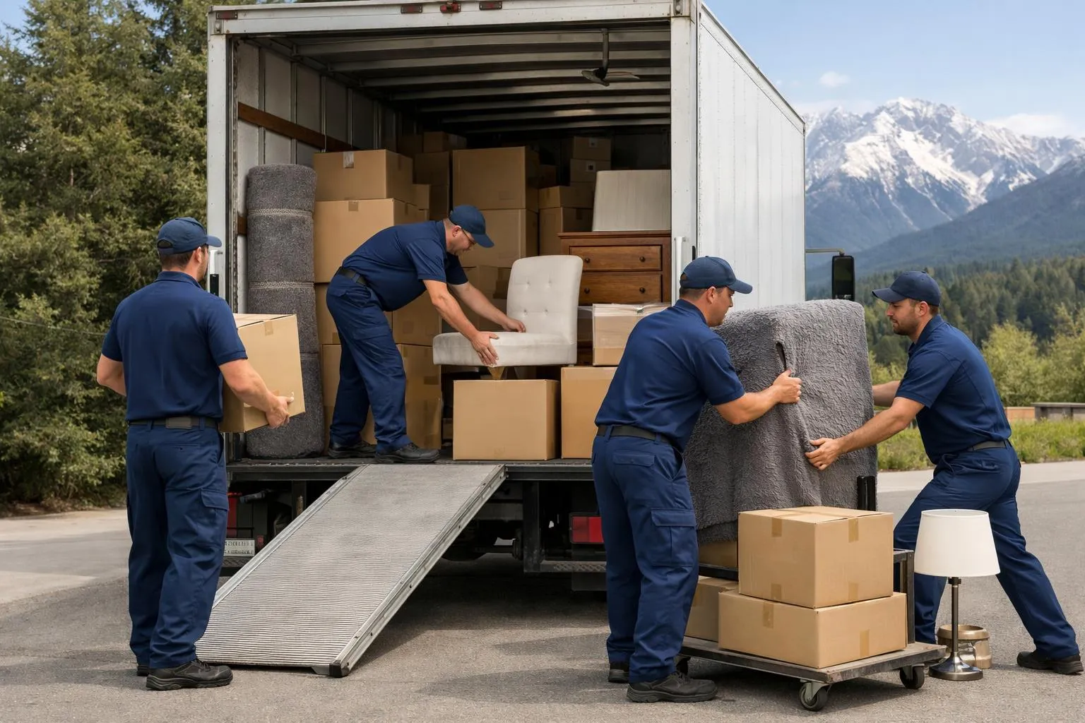 Équipe de déménageurs professionnels en uniforme chargeant méthodiquement des cartons de bureau et du mobilier de travail dans un grand camion de déménagement moderne stationné devant un immeuble commercial suisse, avec vue sur des montagnes en arrière-plan, scène réaliste capturant l'activité de chargement soigné du matériel