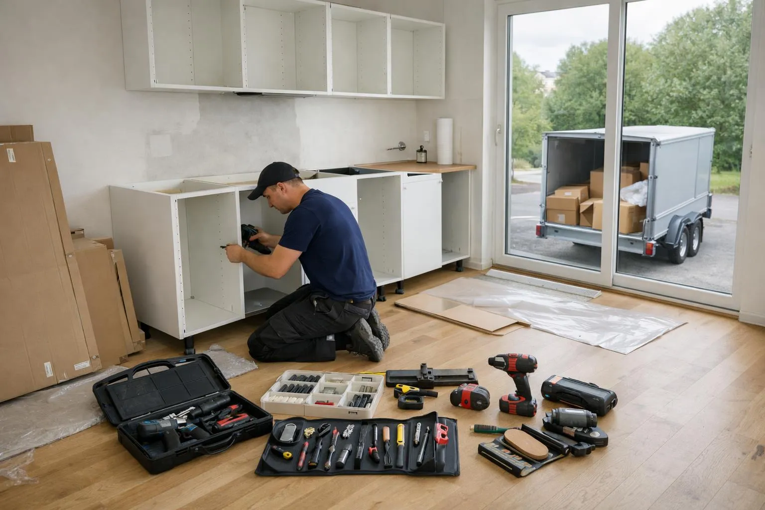 Monteur professionnel assemblant une cuisine IKEA METOD dans un appartement lausannois lumineux, outils disposés méthodiquement sur le sol, modules muraux partiellement fixés, remorque de transport visible par la fenêtre, atmosphère de chantier organisé sans texte