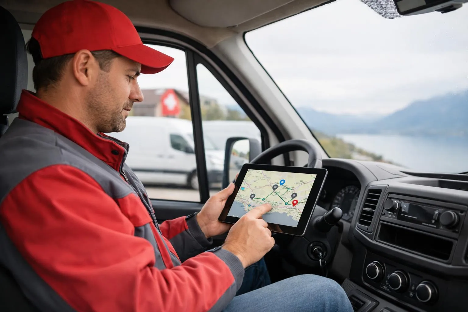 Professional delivery driver using digital tablet inside Swiss delivery truck cabin, route optimization map visible on screen showing multiple destination points across Lausanne and Yverdon regions, modern logistics technology in action