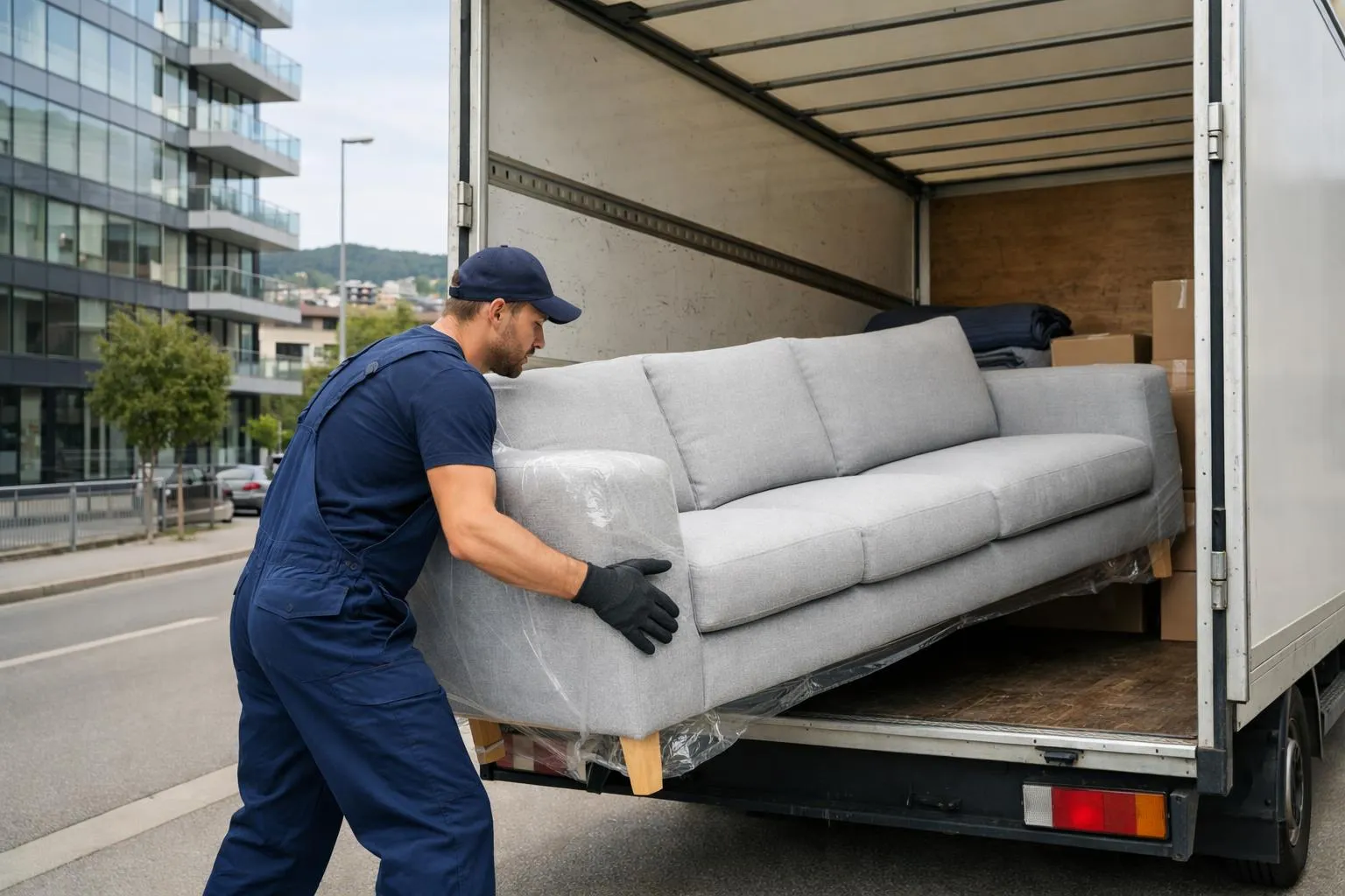 Transporteur professionnel chargeant un canapé neuf dans un camion de déménagement, scène réaliste avec équipement de protection, sans aucun texte ni logo visible, fond urbain suisse avec bâtiments modernes