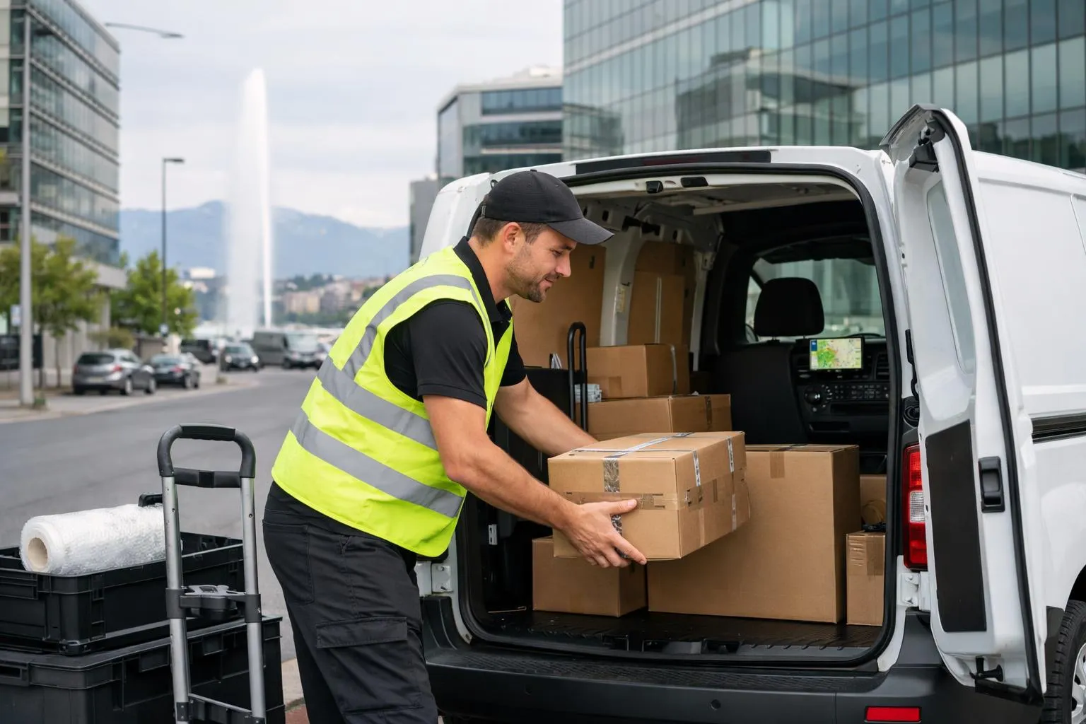 Livreur en uniforme chargeant des colis dans un véhicule utilitaire.
