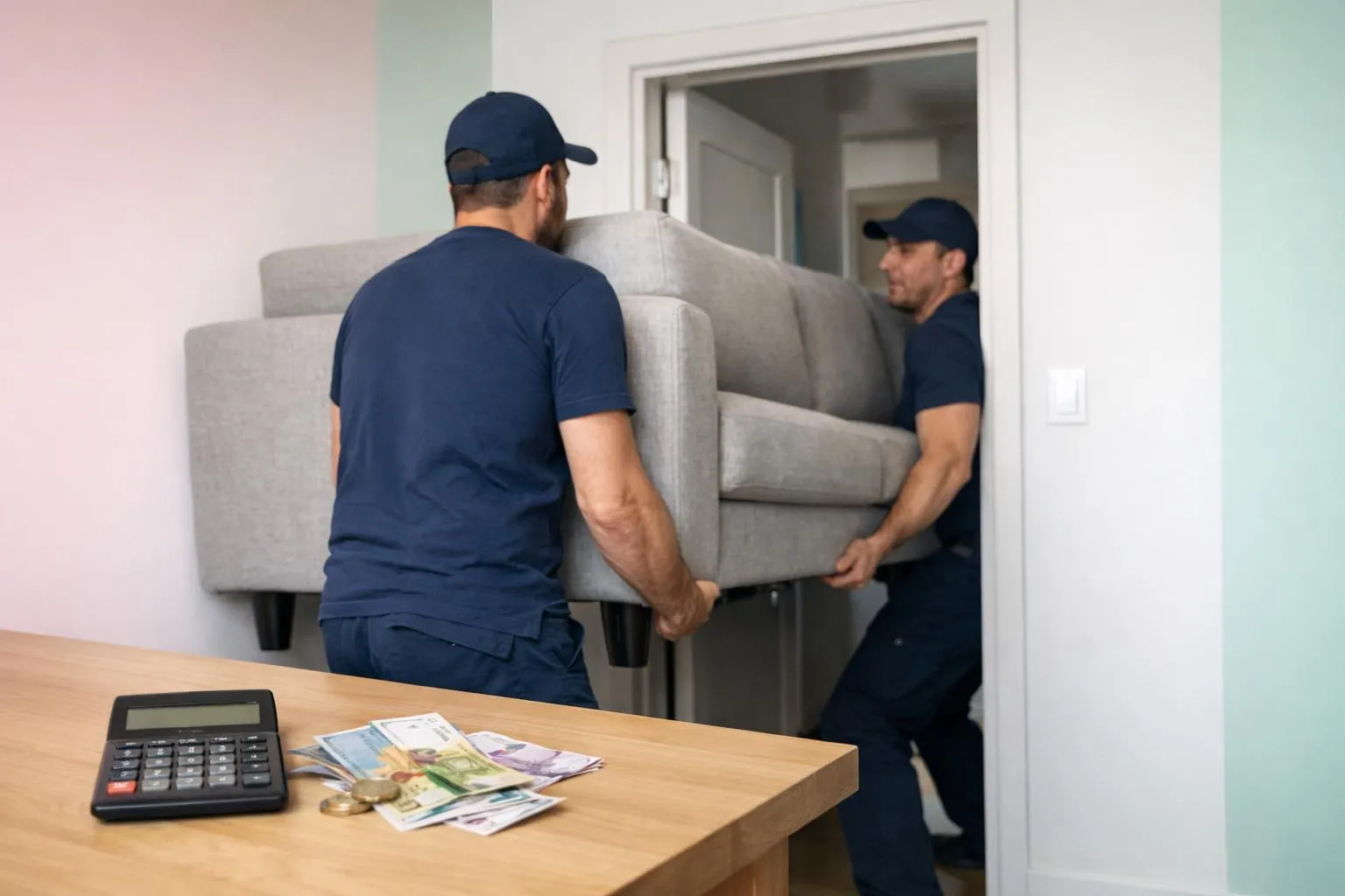 Deux hommes en uniforme bleu déplaçant un canapé dans une pièce.