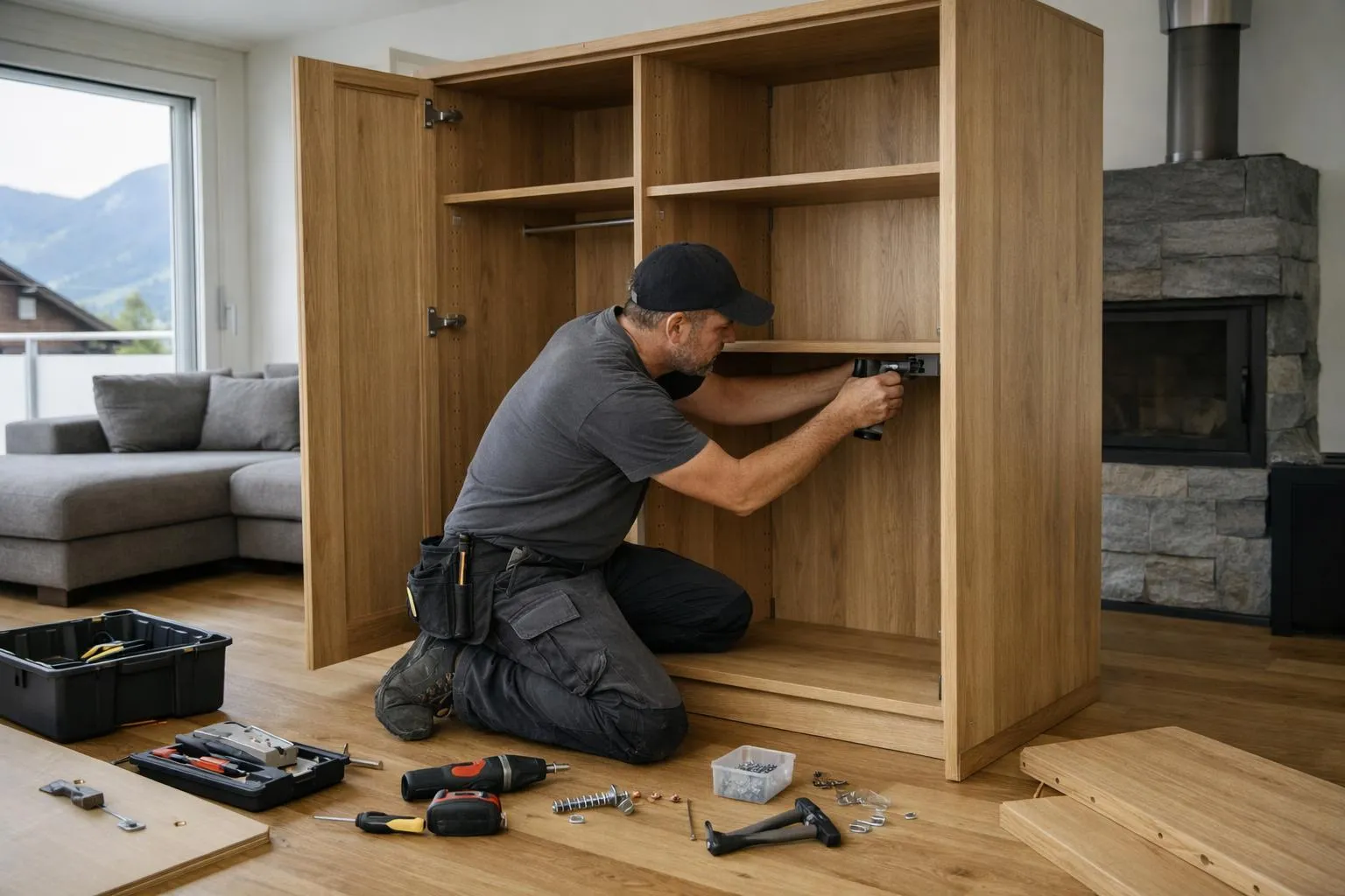 Homme installant une armoire en bois dans un salon.