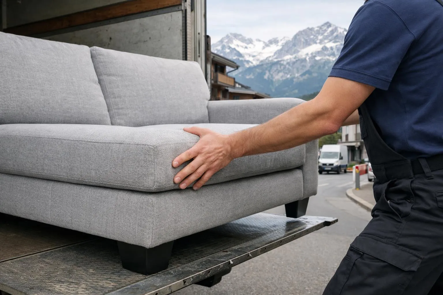 Un camion de livraison professionnel garé devant un immeuble d'appartements suisse moderne, des déménageurs déchargeant avec soin un grand canapé, les Alpes suisses en arrière-plan, une scène logistique urbaine suisse avec des rues propres et une atmosphère de service effic