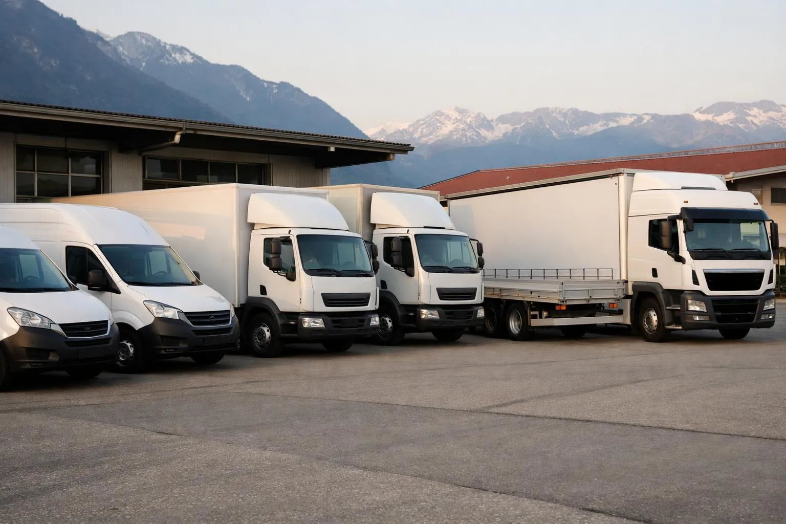 Swiss logistics company yard with lineup of various commercial transport vehicles including express vans, 3.5T trucks, flatbed trailers, and box trucks showing different capacities for furniture and freight delivery in Switzerland