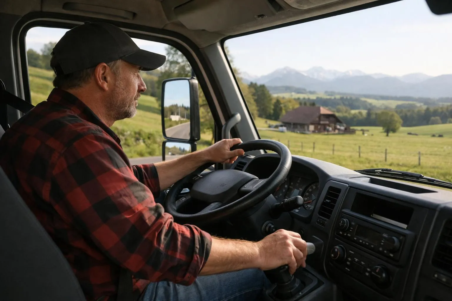 Split comparison scene showing modern large commercial transport fleet with multiple trucks and warehouse on left side versus single local independent 3.5 tonne transport truck with driver preparing equipment on right side, Swiss countryside setting with Fribourg regional elements, professional documentary style photography