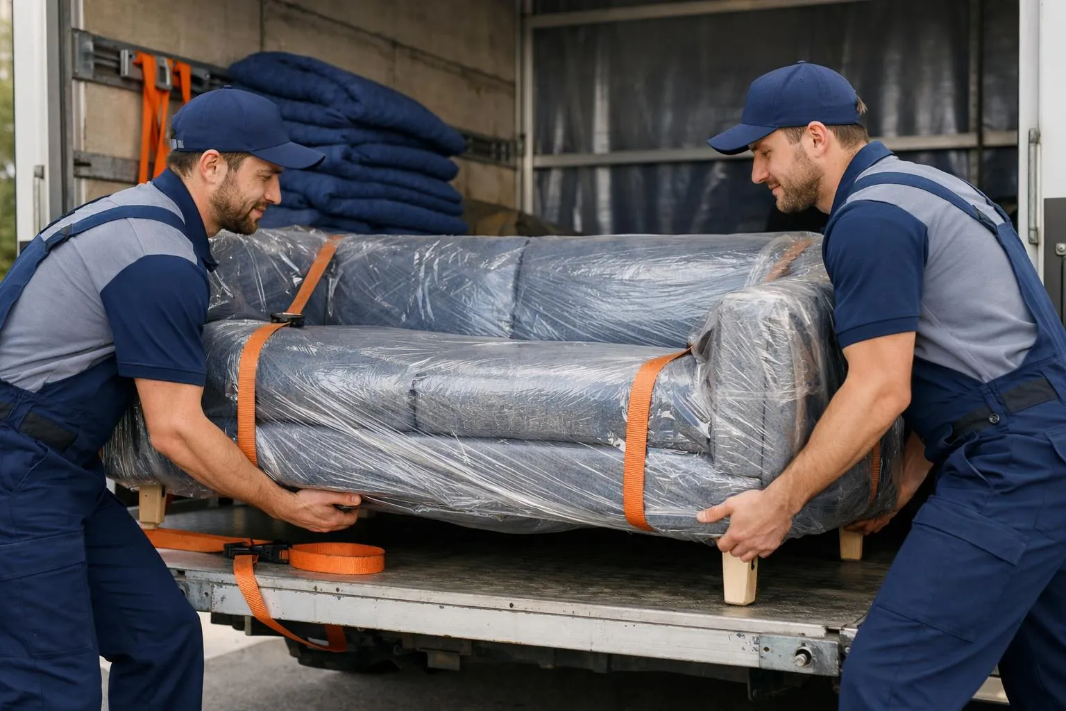 Two professional movers in uniform carefully loading a wrapped modern sofa onto a truck lift gate in a Swiss residential area, visible safety straps and protective blankets, daylight, focus on secure handling