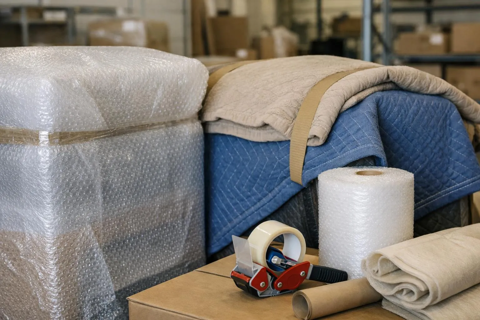 Professional movers in Switzerland carefully wrapping large furniture pieces with protective bubble wrap and blankets, cardboard boxes and packing materials scattered around, neutral warehouse setting with natural lighting, realistic documentary style photography showing the detailed preparation process for furniture transport