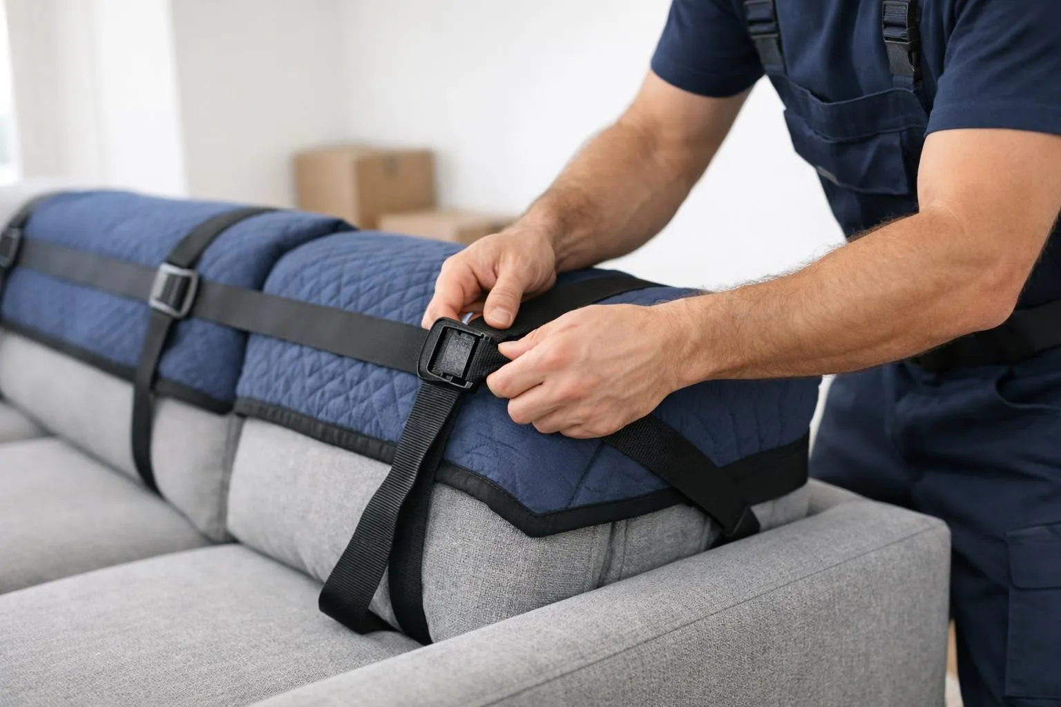 Homme en uniforme bleu attachant une sangle de transport sur un sac de voyage.