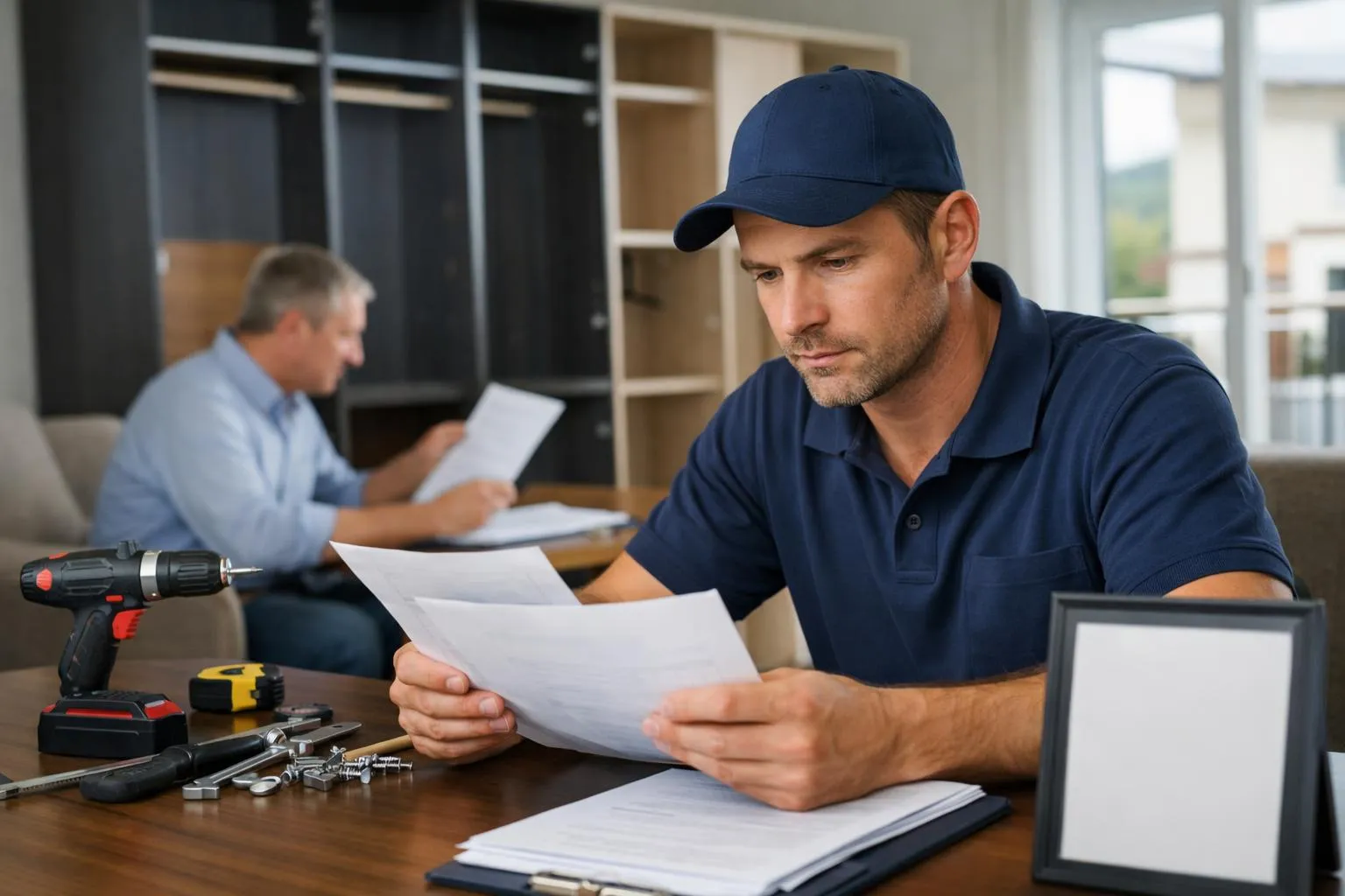 Deux hommes au travail dans un bureau, l'un examinant des documents.