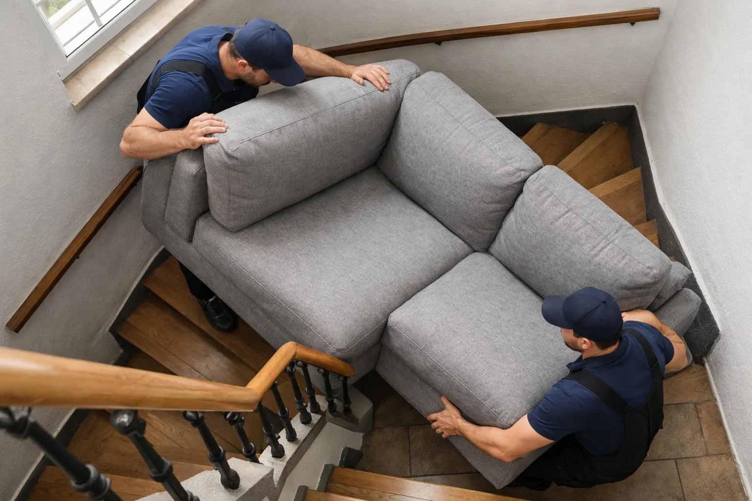 Des déménageurs professionnels manœuvrent avec soin un grand canapé gris à travers un escalier étroit d'un appartement suisse, l'un en haut, l'autre en bas, un scénario de livraison difficile dans un vieux bâtiment exigu.