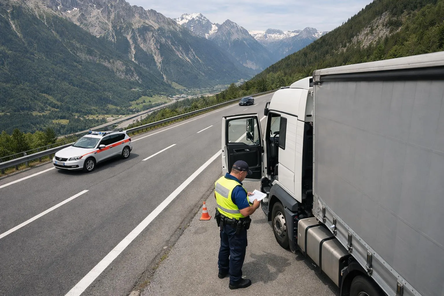 Swiss police officer in high-visibility vest inspecting commercial truck documentation during roadside checkpoint on Alpine highway, professional officer reviewing papers with truck driver, mountainous background, realistic daytime scene