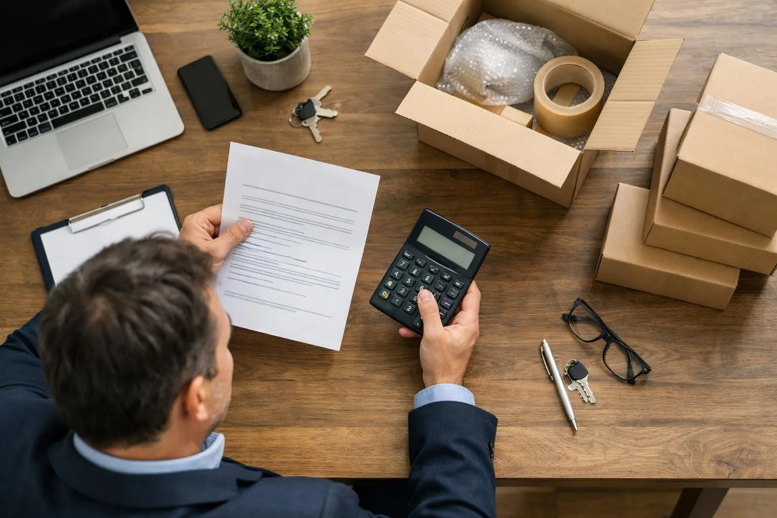 Chef d'entreprise suisse scrutant un document de devis de déménagement professionnel avec une calculatrice, expression sérieuse et concentrée, bureau moderne en arrière-plan, éclairage naturel, scène réaliste et professionnelle