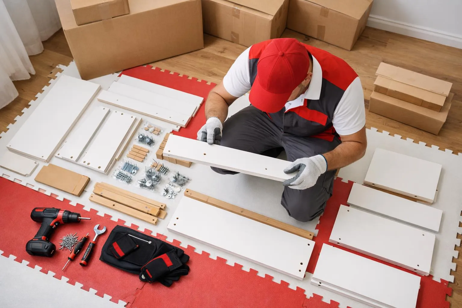 Monteur professionnel vérifiant méthodiquement l'inventaire des pièces d'un meuble IKEA en kit, avec plusieurs colis fermés empilés en arrière-plan dans un intérieur résidentiel lumineux, gants de protection et outils professionnels sur le sol