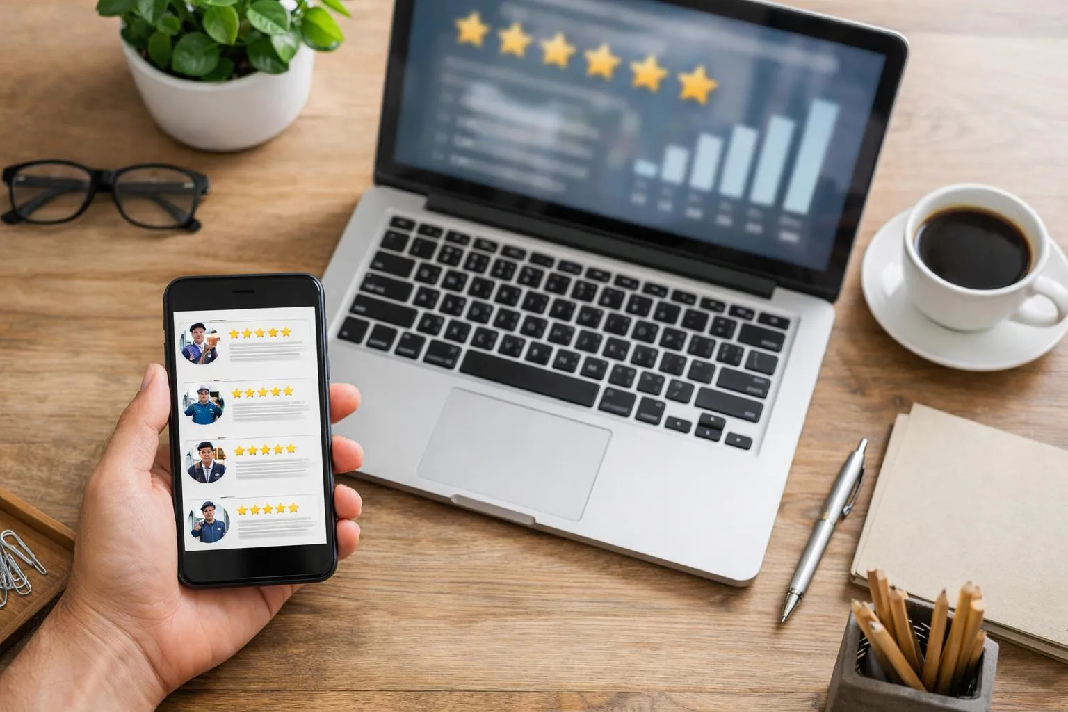 Ordinateur portable avec graphiques, smartphone avec évaluations, bureau de travail avec tasse de café.