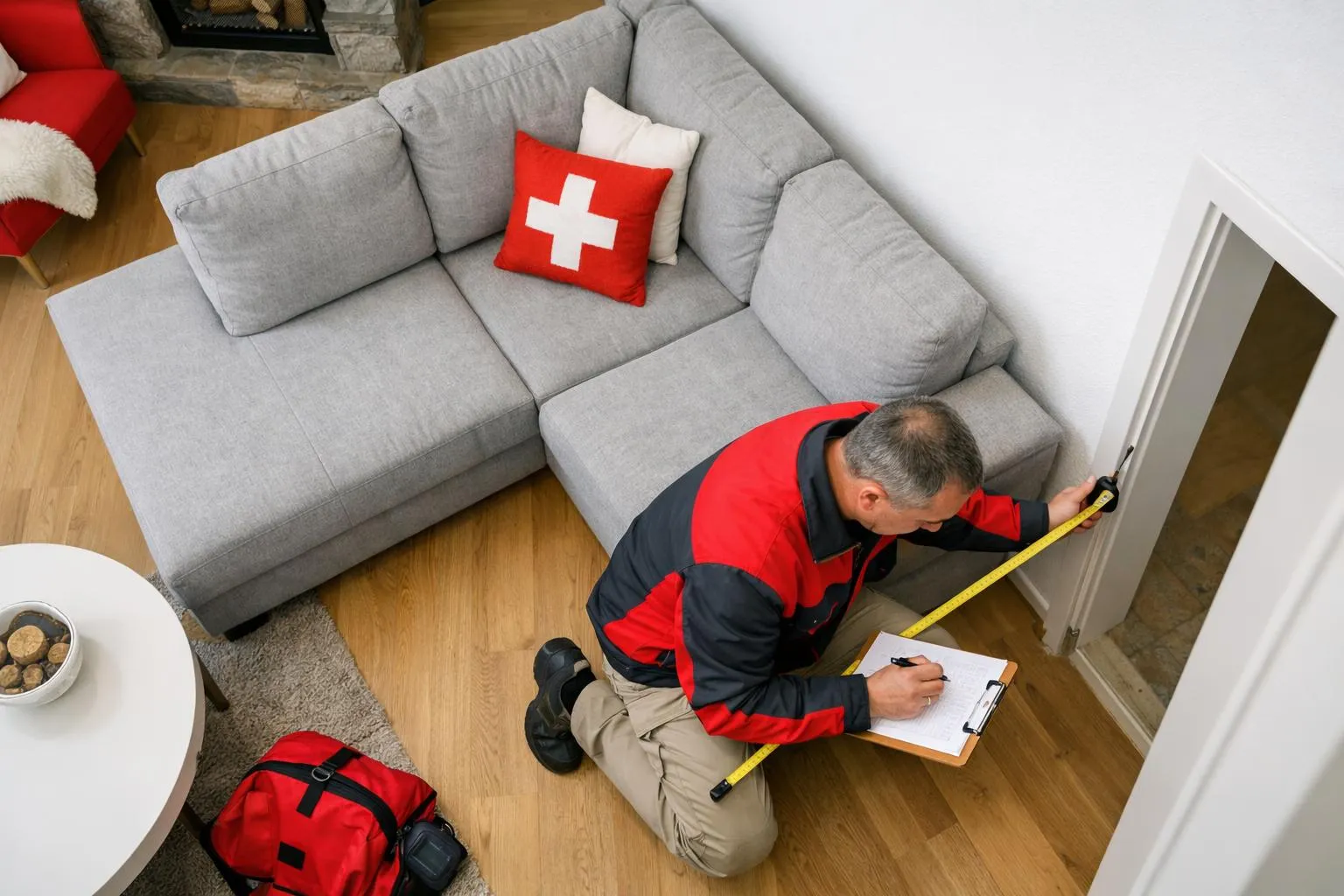 Secouriste en uniforme rouge mesurant et prenant des notes dans une pièce.