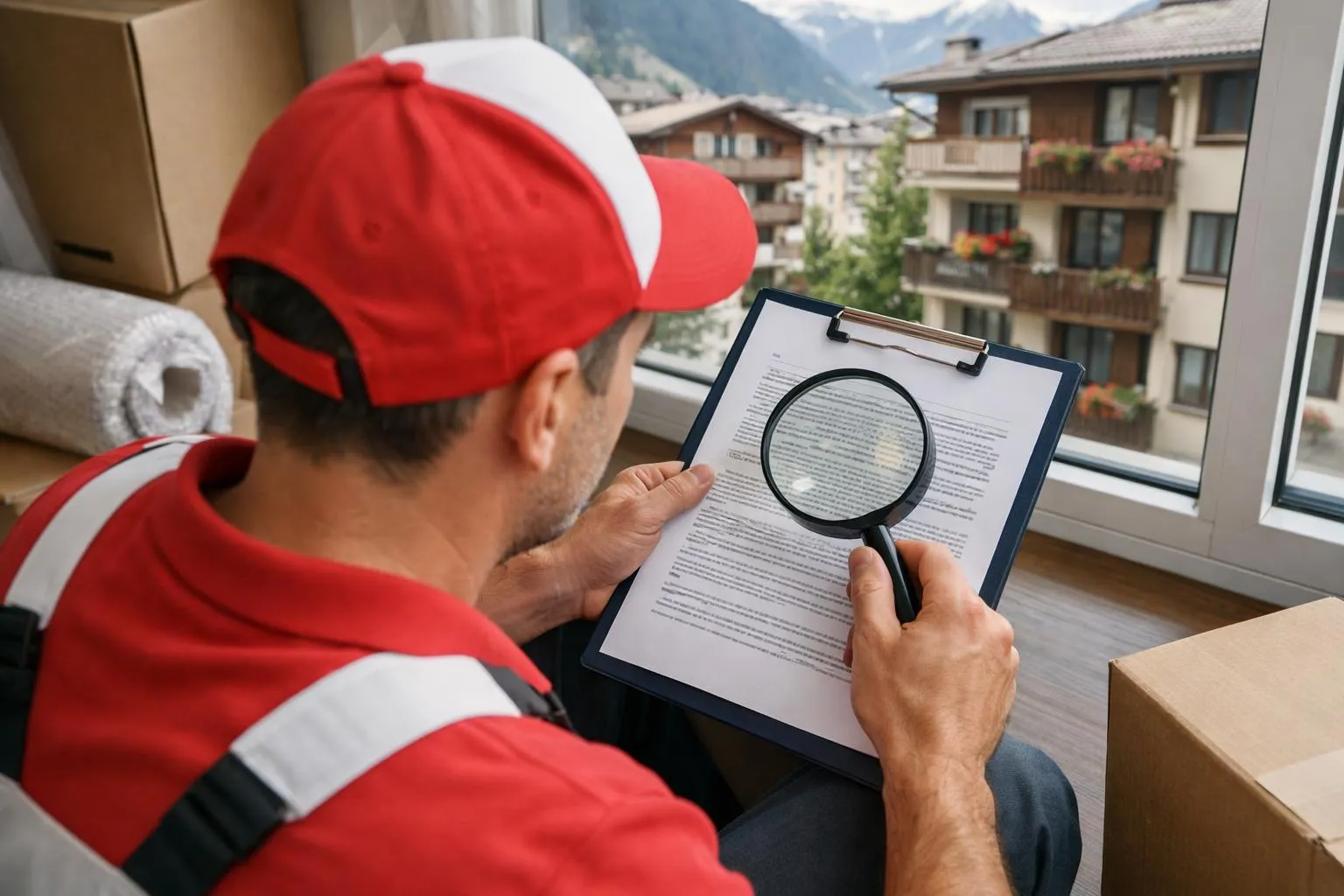 Homme en uniforme rouge examinant un document avec une loupe.