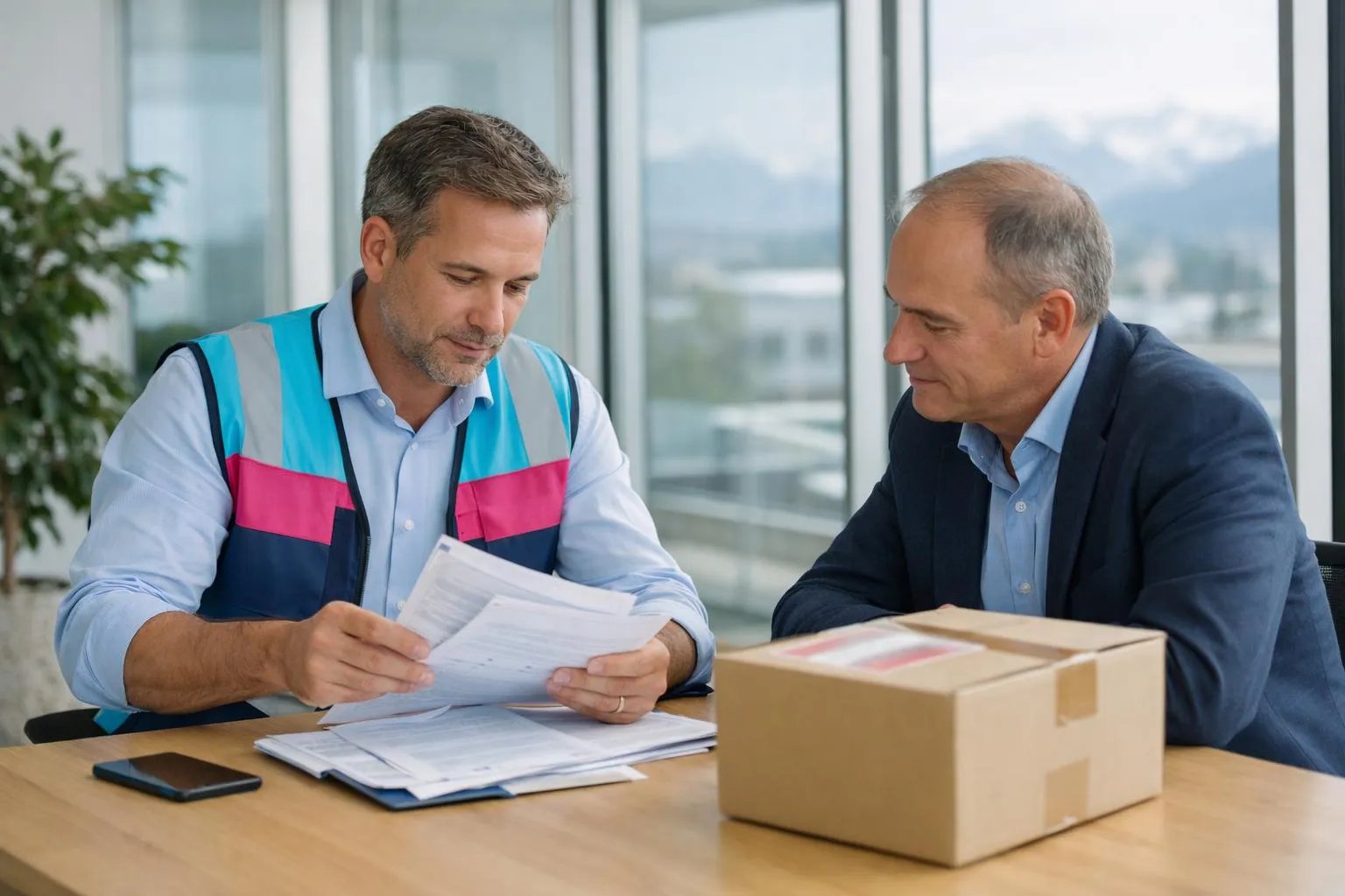 Professional logistics manager reviewing urgent delivery documentation with client in modern Swiss office, emphasizing transparency and trust in transport services, no text visible