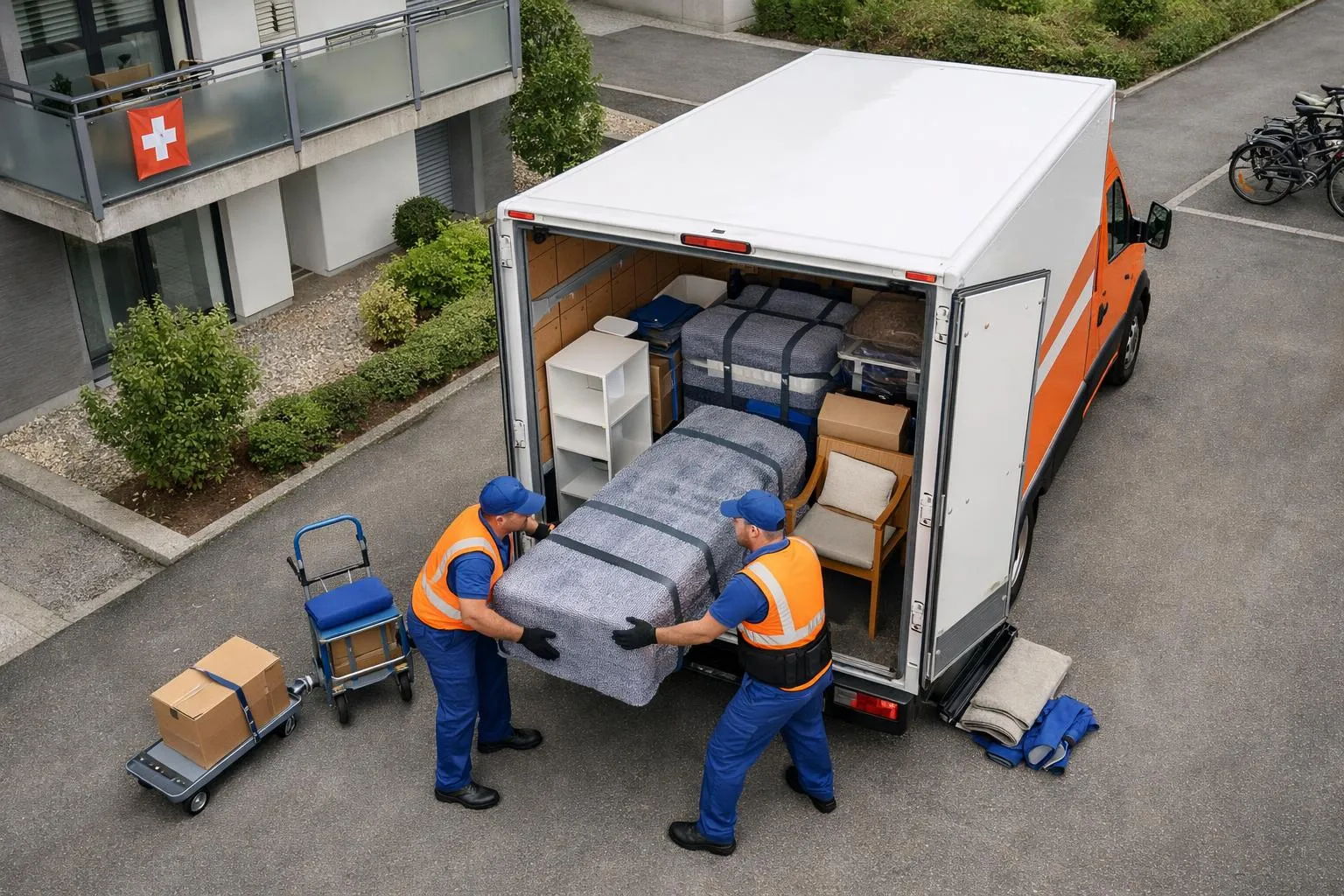 Professional delivery team carefully loading modern furniture into branded moving van in front of contemporary Swiss apartment building, showing secure handling and protective equipment
