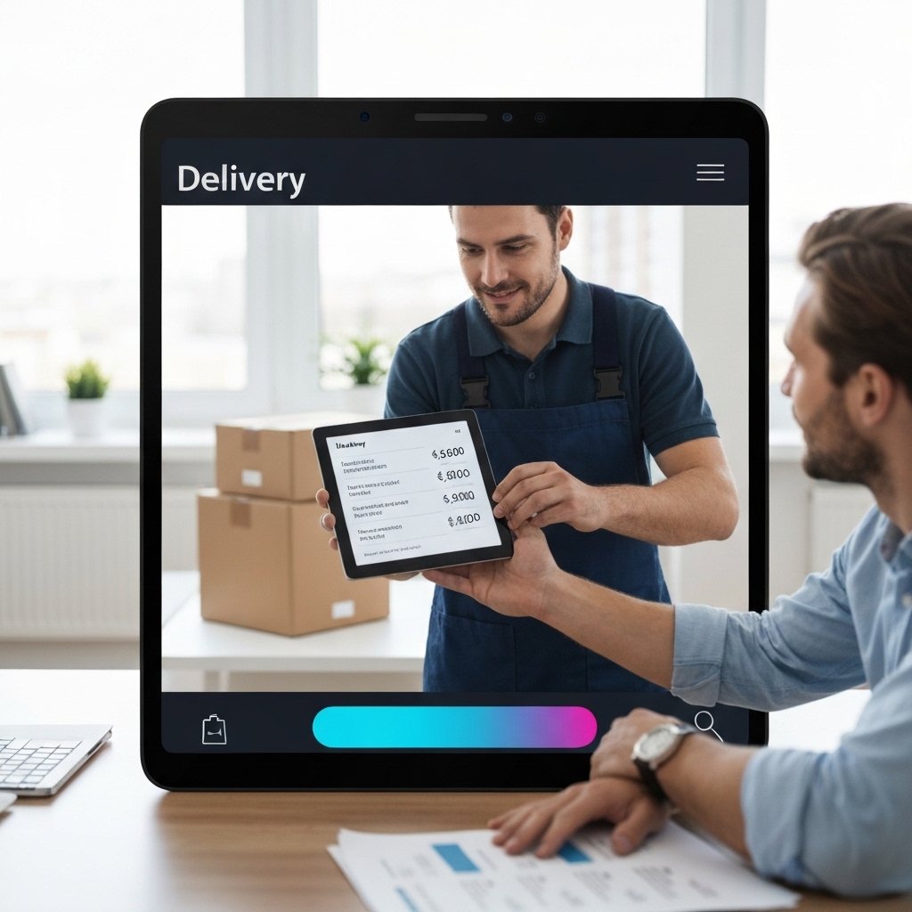 Un professionnel de la livraison présente une ventilation détaillée des prix sur une tablette à un client satisfait dans un salon suisse moderne avec des boîtes de livraison de meubles.