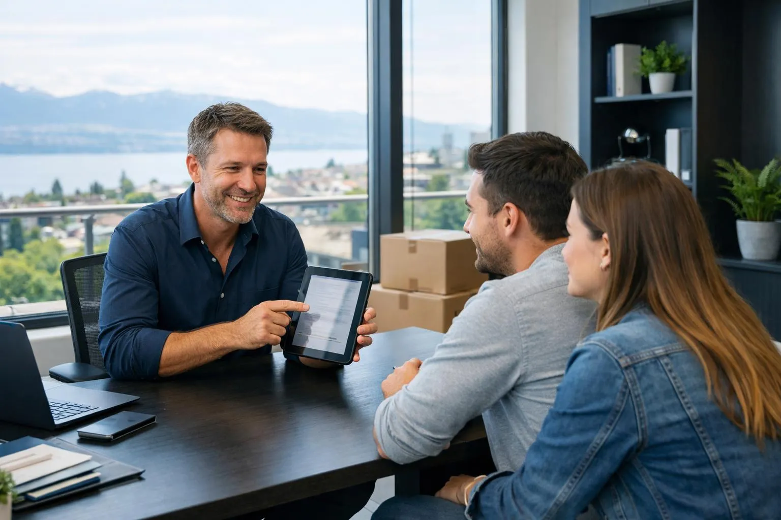 Homme d'affaires souriant montrant une tablette à un couple.
