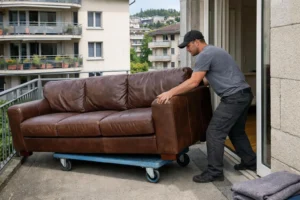 Transporteur meuble volumineux à Lausanne, homme déplaçant un canapé en cuir avec un chariot.