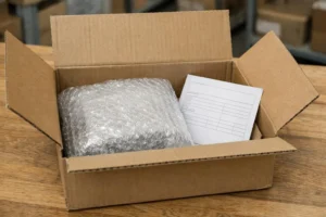 "Colis postal suisse ouvert avec produit emballé et formulaire de retour client, logistique inverse retours clients suisse"