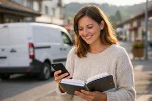 Femme planifiant une livraison à Rossens, smartphone en main, véhicule de livraison en arrière-plan.