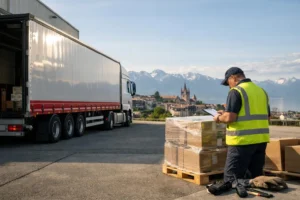 Société Transport Lausanne, camion et équipe logistique à Lausanne, Suisse