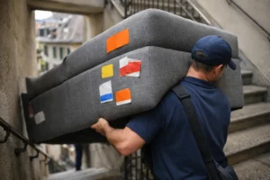 Livraison meuble Genève : différents services de livraison de meubles représentés par des étiquettes et autocollants sur un c